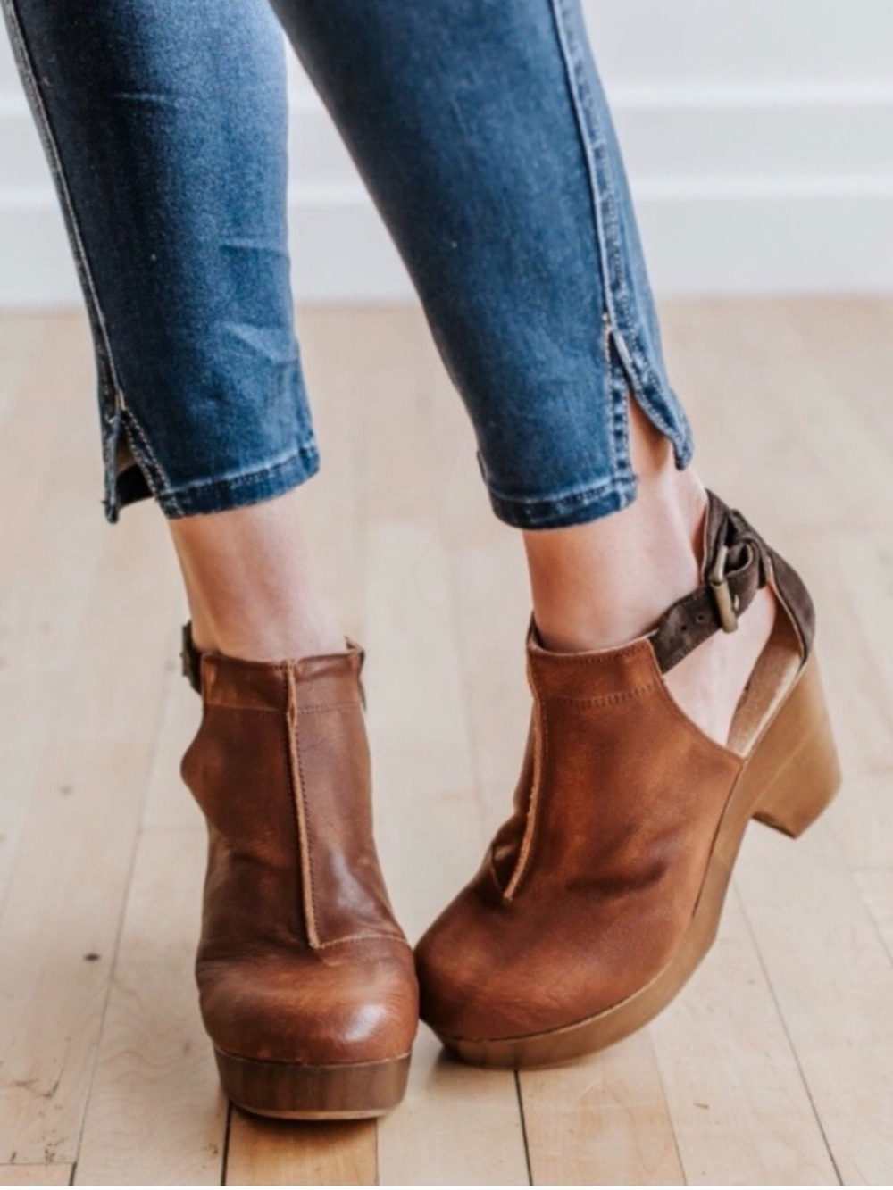 Free People Brown Cutout Leather Platform Clogs